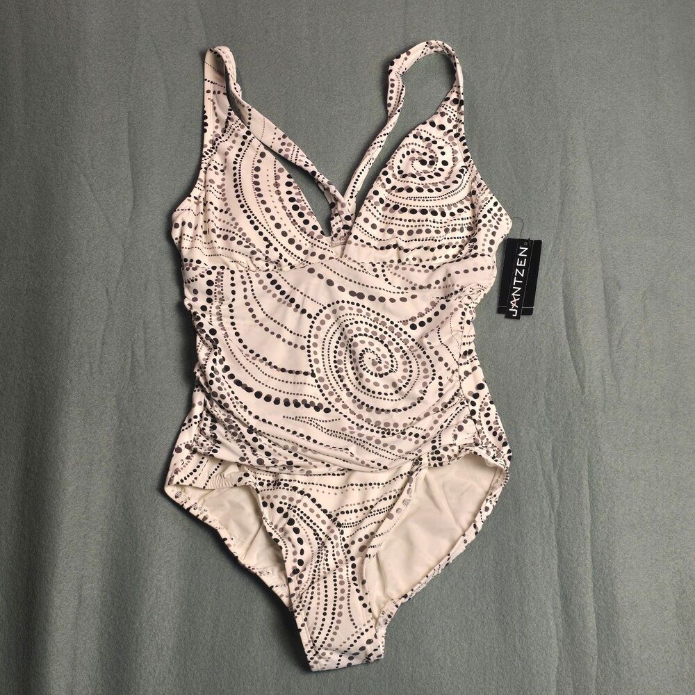 Jantzen White Black Polka Dot Swirl One Piece Swimsuit Size‎ 12 NWT